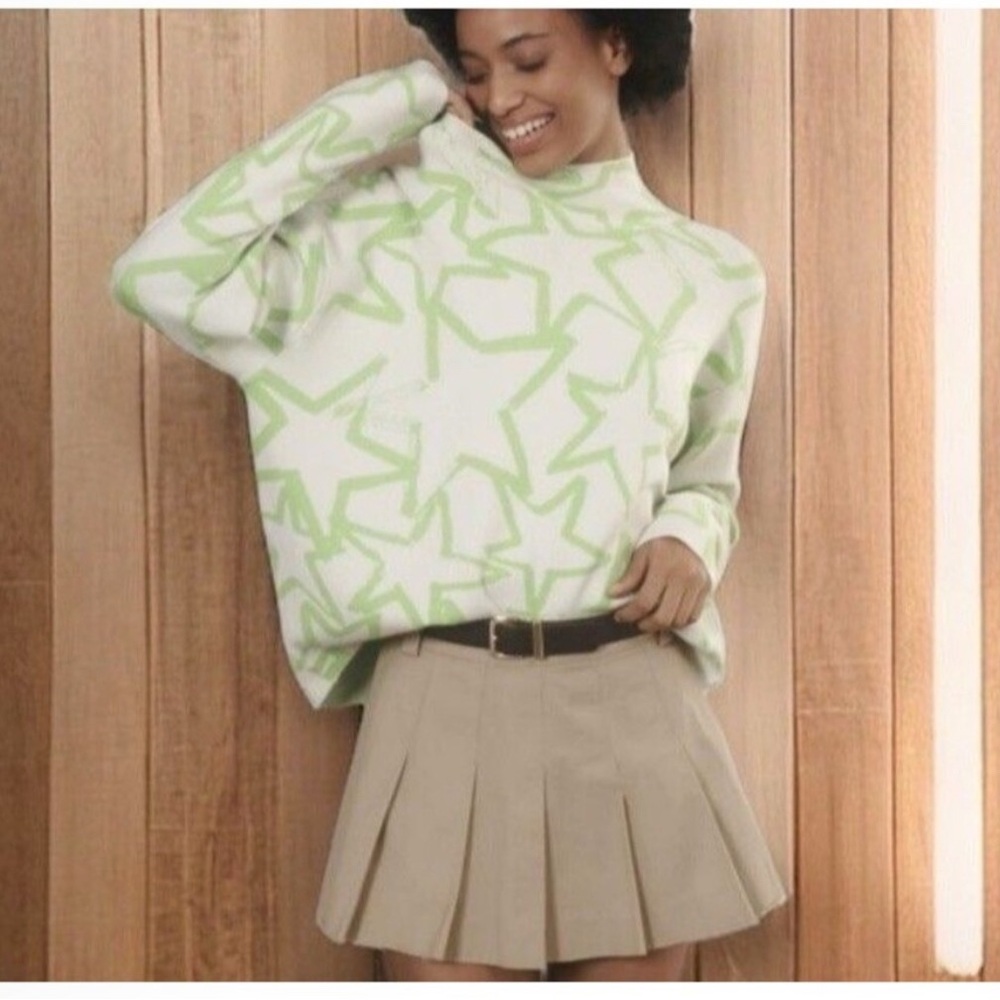 Anthropology Maeve Green Star Pattern Sweater and Tan Pleated Skirt
